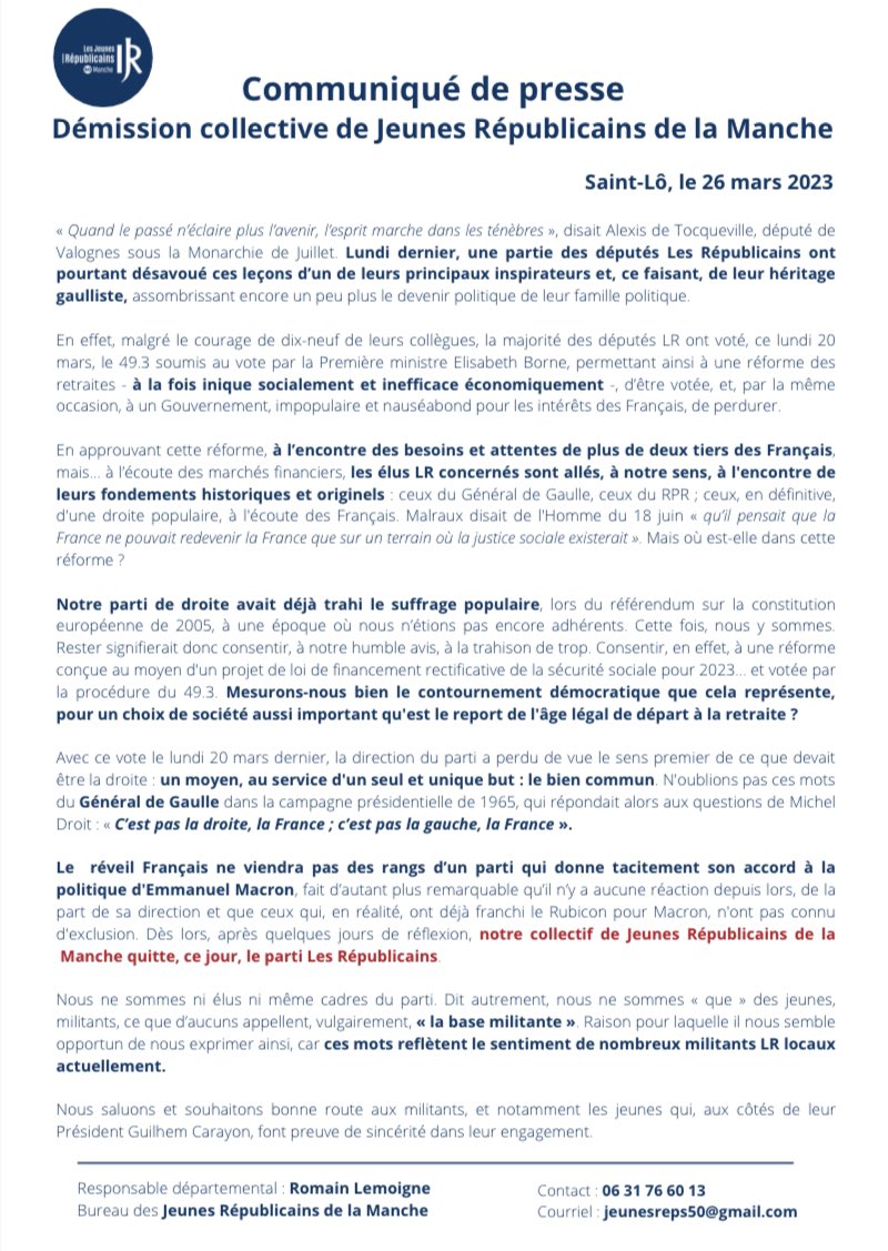 JeunesDroite50's tweet photo. 🔴 En désaccord avec la direction du parti #LR sur le vote de la #ReformeDesRetraites et la permission donnée à un @gouvernementFR impopulaire de rester en place, un collectif de @JeunesReps50 quitte @lesRepublicains autour de leur Responsable @romain_lemoigne.

Explications ⤵️ https://t.co/VgS43vV4T4