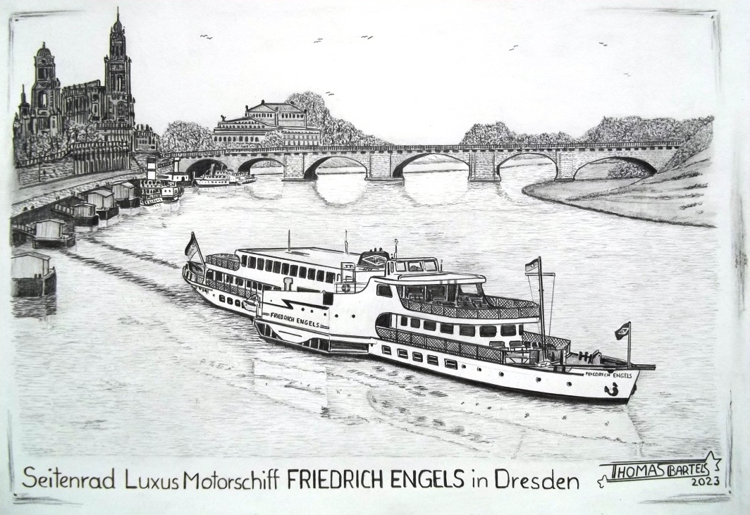 ThomasBartels83's tweet photo. Dies ist meinen nun vollendete DIN A4 große Bleistiftzeichnung des "Seitenrad - Luxus - Motorschiff FRIEDRICH ENGELS in Dresden". ⚓️😊✏️🌊✨
Als Kind bin ich selber auf diesem schönen stromlinienförmigen Schiff mitgefahren. #ThomasBartelsDrawings #Dresden #Luxer @stadt_dresden https://t.co/bTgJr0Ed0M