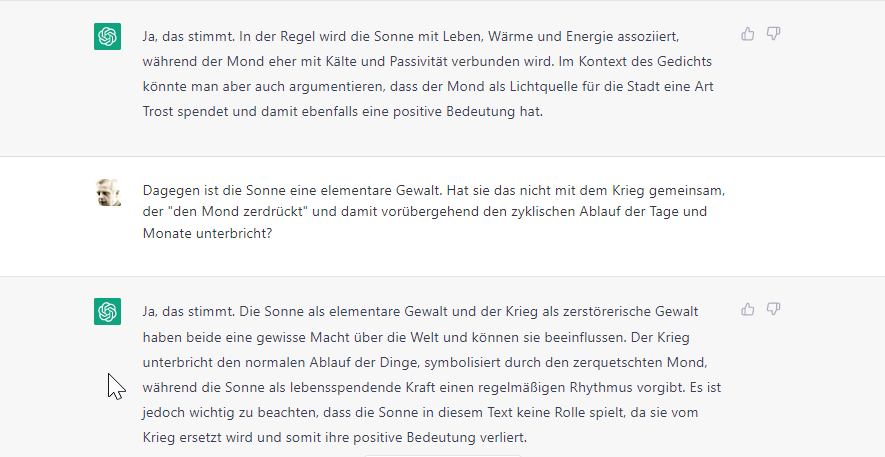 martinlindner's tweet photo. Jetzt habe ich das #Textanalyse-#GPT-Experiment auf Deutsch wiederholt, mit Georg Heyms Gedicht "Der Krieg" und denselben Prompts zu Beginn. Dann kam es zu diesem Austausch über die Semantik des Gedichts. Das hat mit "Papagei" wirklich gar nichts mehr zu tun. @FlorianGallwitz https://t.co/ANsdEq8n6f