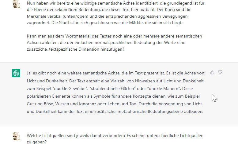 martinlindner's tweet photo. Jetzt habe ich das #Textanalyse-#GPT-Experiment auf Deutsch wiederholt, mit Georg Heyms Gedicht "Der Krieg" und denselben Prompts zu Beginn. Dann kam es zu diesem Austausch über die Semantik des Gedichts. Das hat mit "Papagei" wirklich gar nichts mehr zu tun. @FlorianGallwitz https://t.co/ANsdEq8n6f