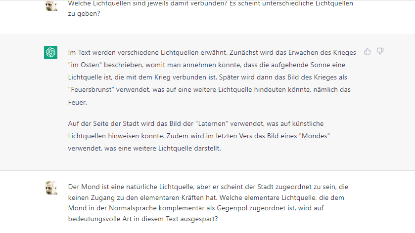 martinlindner's tweet photo. Jetzt habe ich das #Textanalyse-#GPT-Experiment auf Deutsch wiederholt, mit Georg Heyms Gedicht "Der Krieg" und denselben Prompts zu Beginn. Dann kam es zu diesem Austausch über die Semantik des Gedichts. Das hat mit "Papagei" wirklich gar nichts mehr zu tun. @FlorianGallwitz https://t.co/ANsdEq8n6f
