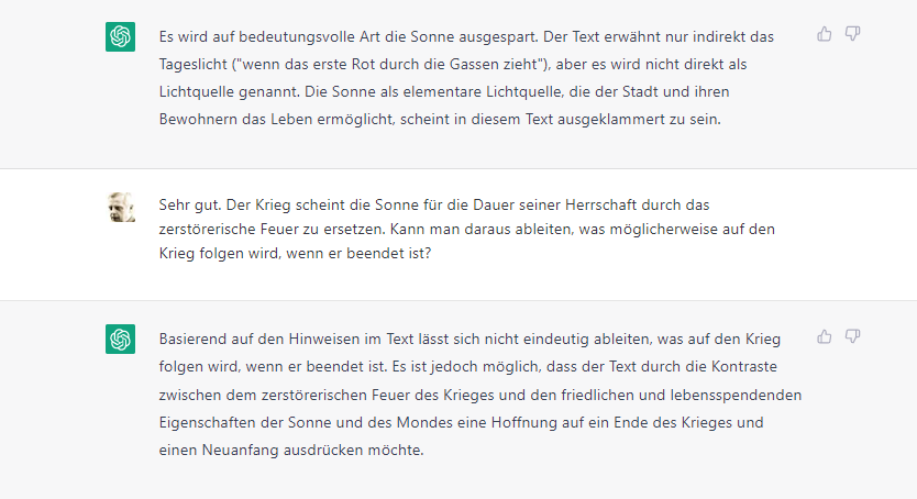 martinlindner's tweet photo. Jetzt habe ich das #Textanalyse-#GPT-Experiment auf Deutsch wiederholt, mit Georg Heyms Gedicht "Der Krieg" und denselben Prompts zu Beginn. Dann kam es zu diesem Austausch über die Semantik des Gedichts. Das hat mit "Papagei" wirklich gar nichts mehr zu tun. @FlorianGallwitz https://t.co/ANsdEq8n6f