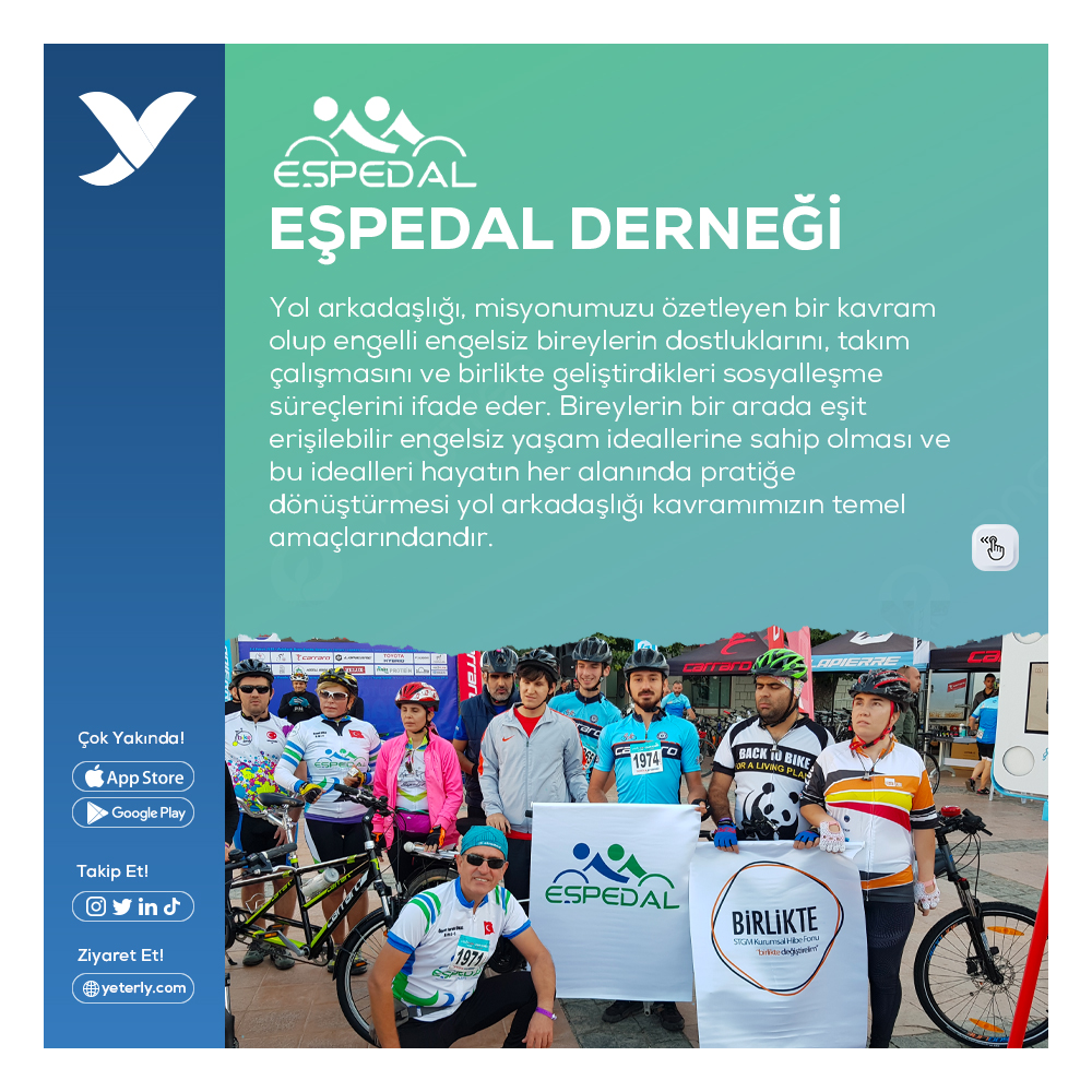 yeterly_app's tweet photo. erişilebilir kamusal alanlar oluşturmak ve engelli bireylere doğa ve insan arasındaki etkileşimin en sade, en doğal haliyle bisiklet üzerinde hissedildiğini pratikte göstermek amacıyla kurulmuştur. 🔍

Yol arkadaşlığı, misyonumuzu özetleyen bir kavram olup engelli engelsiz  ++ https://t.co/KagVYRbtyl
