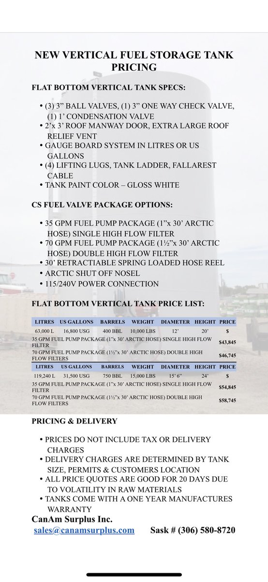 CanamSurplus's tweet photo. STORAGE TANKS - steel vertical fuel tanks. Solid tanks with incredible value. #canamsurplus has options for you. See image for details! #fuelstorage #cdnag #saskag #Manitoba https://t.co/ssxWf6uXWb