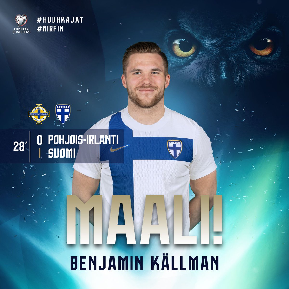 28' MAAAALIII!! Lod pelaa pallon keskelle, Pukki jatkaa takatolpalle ja siellä on survomassa palloa sisään mies joka ei montaa paikkaa tarvitse - BENJAMIN KÄLLMAN! ⚽️🇫🇮 [0-1]

#Huuhkajat #NIRFIN