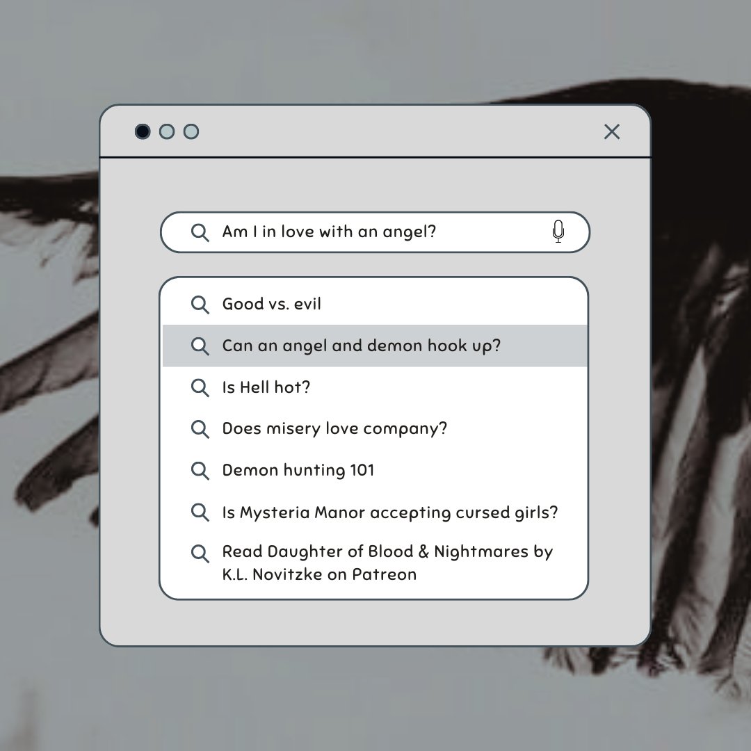 KL_Novitzke's tweet photo. Do you have a colorful search history? As an author, mine can be downright incriminating, and so can my characters.

Ashton from Daughter of Blood &amp; Nightmares, heiress to Hell's throne, would have the most suspicious.

https://t.co/m9VlP6ES3u 

#indieauthor #Patreon #BookBoost https://t.co/ToWfkCnaOb