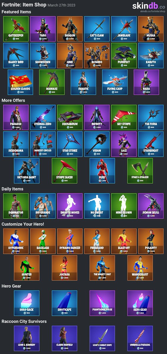 #Fortnite: Daily Item Shop for March 27th 2023
More details for each skin: skindb.co/fortnite/shop