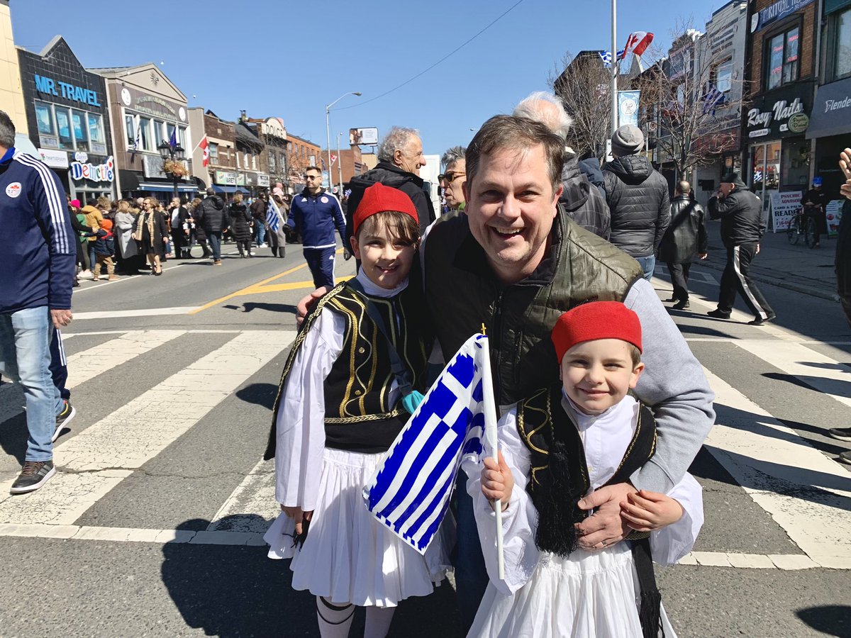 First #March25 parade on the #Danforth this afternoon celebrating Greek independence. Proud of my guys celebrating their heritage and marching proudly with the community.