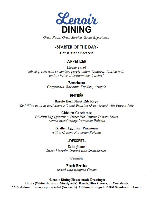 Please come enjoy our Italian inspired menu this week in Lenoir! Reservations available Tuesday, Wednesday, and Thursday at 11:30 and 12:30