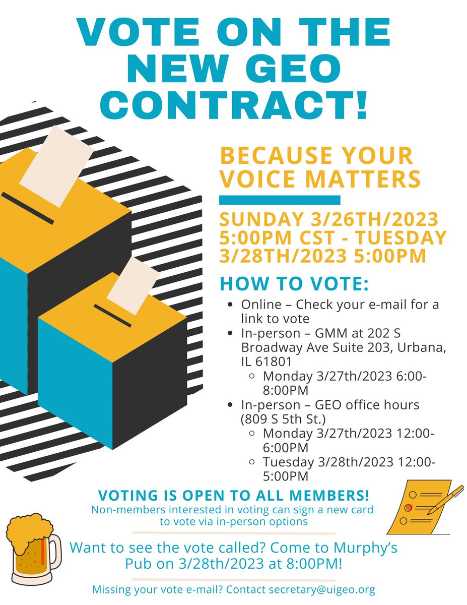 geo_uiuc's tweet photo. 🚨IT'S TIME TO VOTE🚨

GEO and the administration came to a tentative agreement on a contract at our last bargaining session because YOU took action! Now let's VOTE!

Check emails, vote in person, and/or come to office hours or TOMORROW's GMM at 6PM if you want more info. https://t.co/1JMbcLOOOy