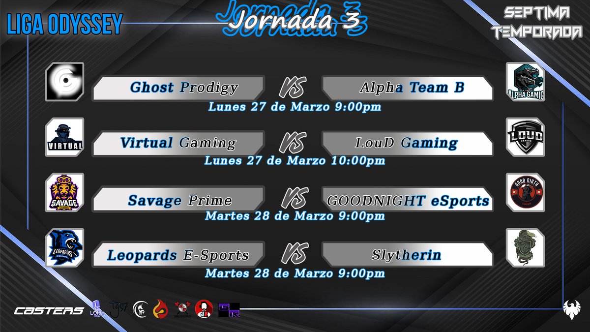 LigaOdysseyOf's tweet photo. Lunes 27 de marzo
9pm #GhostProdigy vs #ALPHAGAMINGB
Casters: @JosephEdgar17 y @LordCaster
10pm #VirtualGaming vs @LouDGaming_MX
casters: @JosephEdgar17 y @LordCaster
Martes 28 de marzo
9pm #SavagePrime vs #GOODNIGHTeSports
Caster: @Pairlos15 https://t.co/7yYoMwt6Xs
