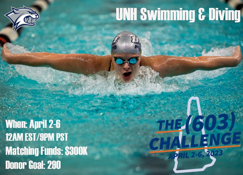 unhswimdive's tweet image. The 603 Challenge begins in ONE WEEK!

The challenge starts on April 2 at 12:01am!!! Each donation up to $300 will be MATCHED until the $300,000 matching funds run out. Be sure to donate early to maximize the impact of your generous support for our team!

Go &apos;Cats!

#603challenge