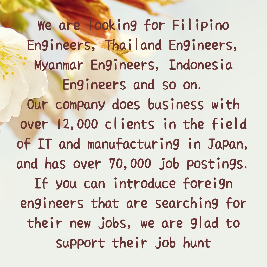 workport_GP's tweet photo. To:Companies and #freelancers who can help us introduce foreign engineers

☘Please send me message if you are interested in this post
#talentacquisition #recruitment #HR #recruitmentagency #hiring #JobsinJapan #Japan
#JLPT #JLPTN1 #JLPTN2 #JLPTN3 #Freelancer #Freelance #career https://t.co/NQmXr9kVCG