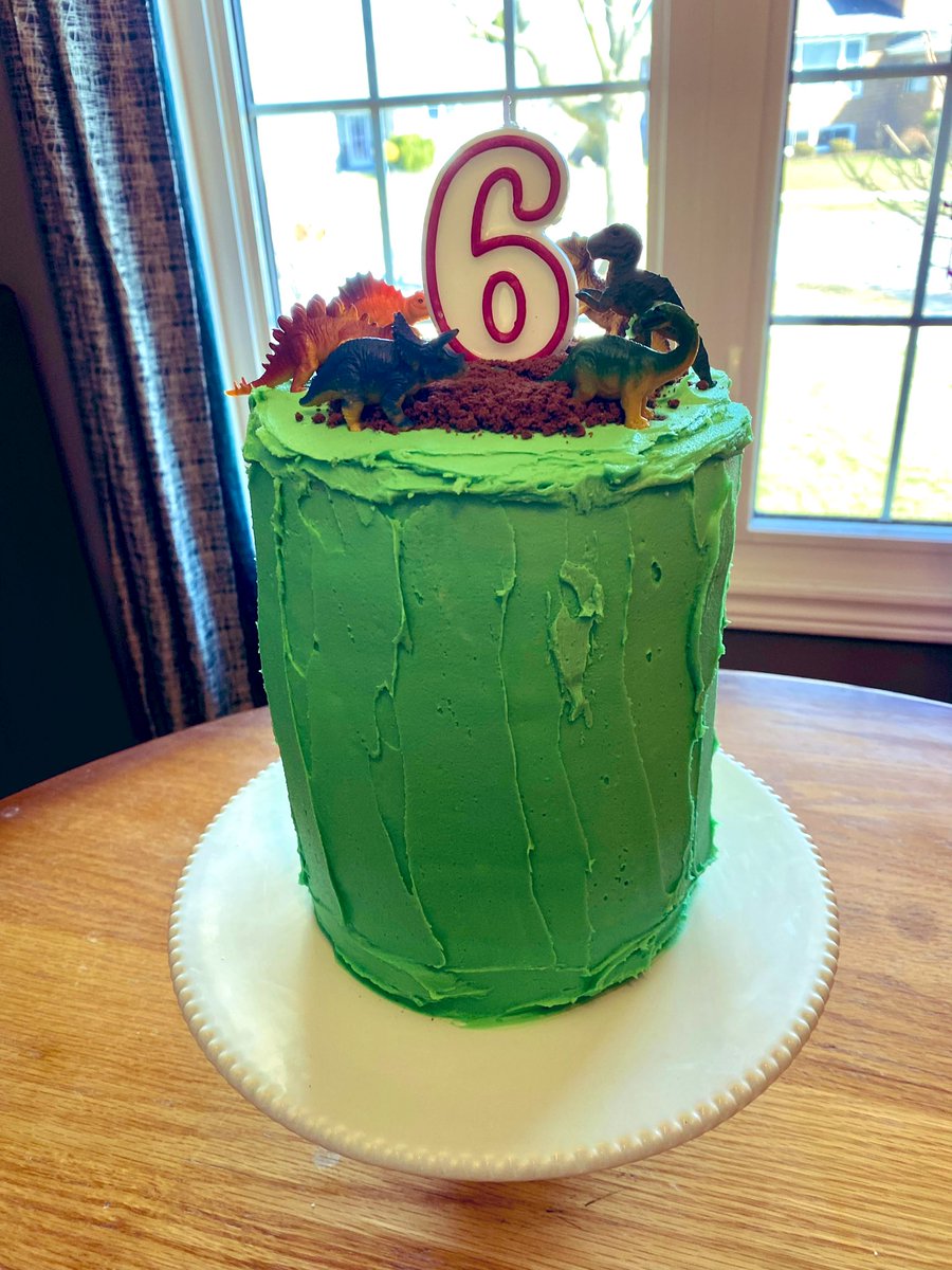 Cake update: power returned this morning to finish the special request 6 layer dinosaur cake with a M&amp;M interior volcano. Really going to put more restrictions on J’s cake request next year lol. Also in disbelief I have a six-year old.