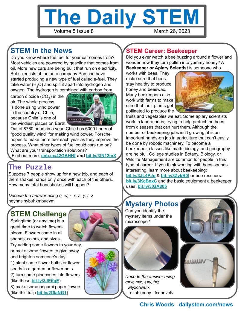 It’s time for another new issue of The #DailySTEM for your kids!
⛽️ News about new fuels
🐝 Beekeeping as a career
💐Flower project ideas &amp; more! 
Download or share every issue free at dailystem.com/news