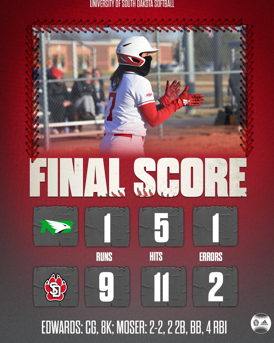 𝗚𝗼𝘁 '𝗲𝗺

A second complete-game from Clara Edwards and two doubles and four RBIs from Gabby Moser helped South Dakota to a 9-1, 6-inning win against North Dakota Sunday. Game three has been cancelled.

#WeAreSouthDakota x #GoYotes🐾
