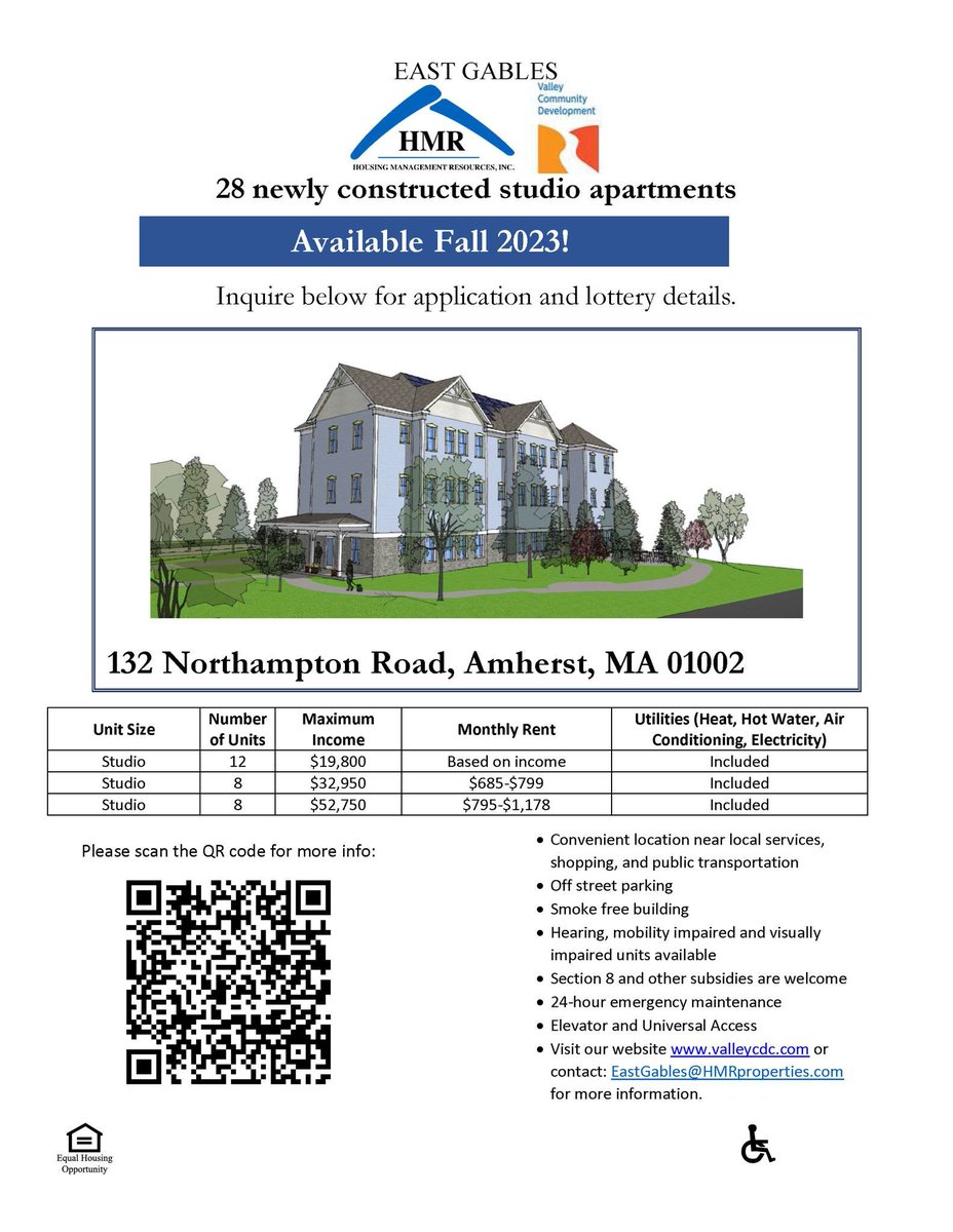 HousingAmherst's tweet photo. 📢EXCITING NEWS! Please join us in sharing widely: The application is now available for East Gables Affordable Studio Apartments in #AmherstMA - a project by Valley Community Development (@valleycdc_mass), made possible by local, state, and private investment! https://t.co/owIW1BOeyG