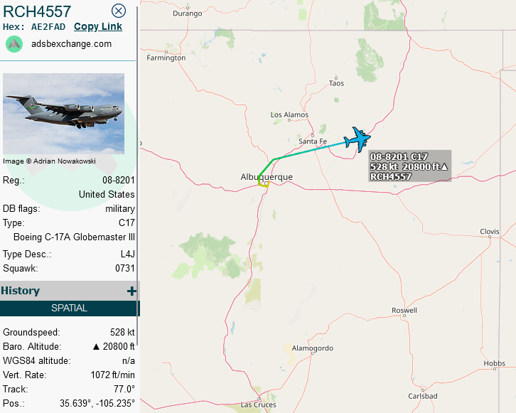 SirListenalot's tweet photo. #C17 #AE2FAD as #RCH4557 out of Kirtland on its way to Volkel, Netherlands. It seems to be replacing C17 #AE49C7 that rtb KABQ on Mar23/24. The latter was going to be refueled by #KC46(s) as #FLAM61-62 out of Pease. I suppose ☢️ Let's see what happens today... https://t.co/HJzdNhvNPm