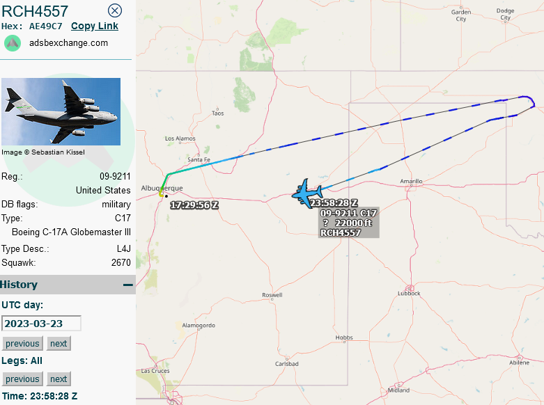 SirListenalot's tweet photo. #C17 #AE2FAD as #RCH4557 out of Kirtland on its way to Volkel, Netherlands. It seems to be replacing C17 #AE49C7 that rtb KABQ on Mar23/24. The latter was going to be refueled by #KC46(s) as #FLAM61-62 out of Pease. I suppose ☢️ Let's see what happens today... https://t.co/HJzdNhvNPm