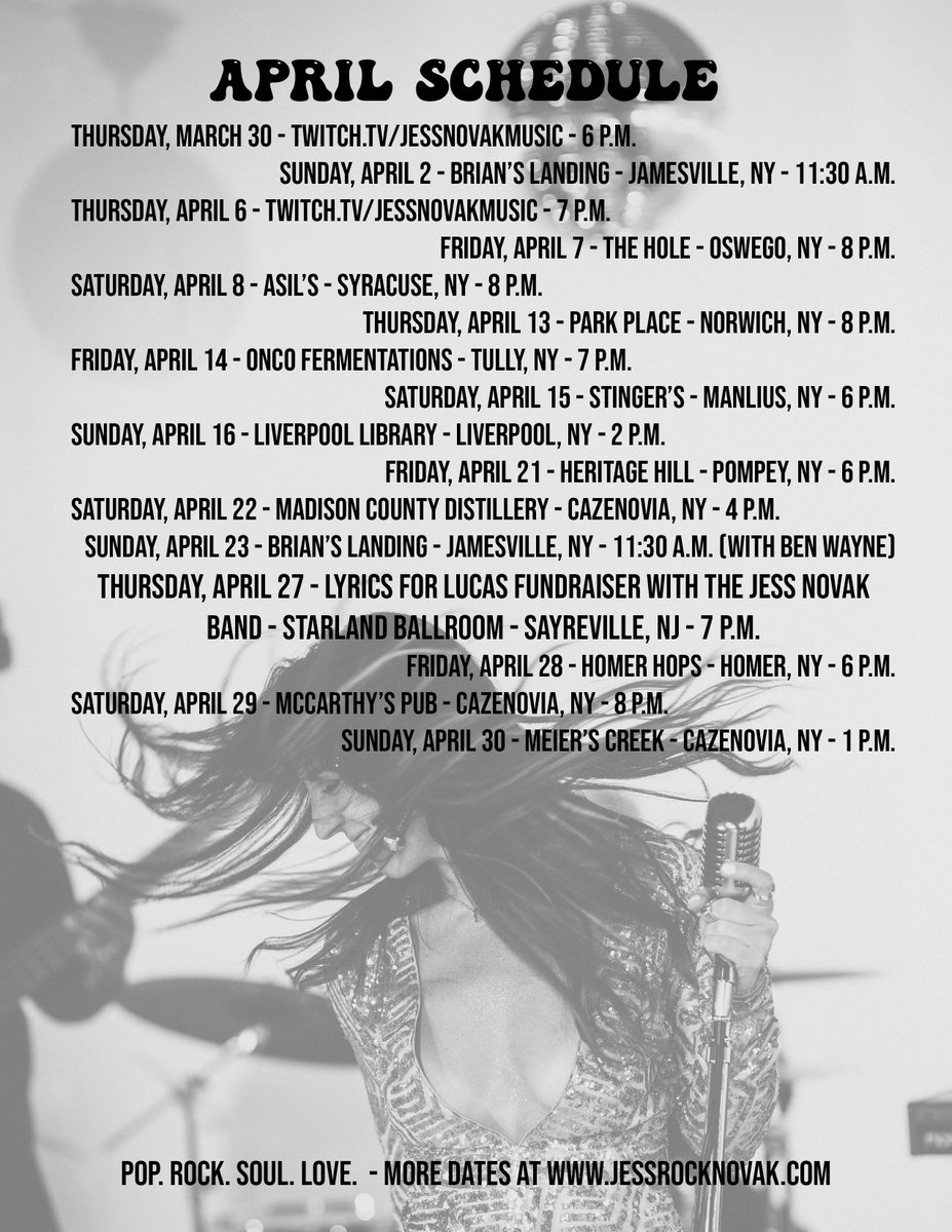 JessRock87's tweet photo. let's go! #aprilshows
more dates at https://t.co/GEp8sVG2w3
#singer #songwriter #livemusic #twitch #streamer #singersongwriter #love #guitar #electricviolin #piano #voice #rock #independentmusician #musicianmom #band #jessnovakband https://t.co/27aak2cLMB