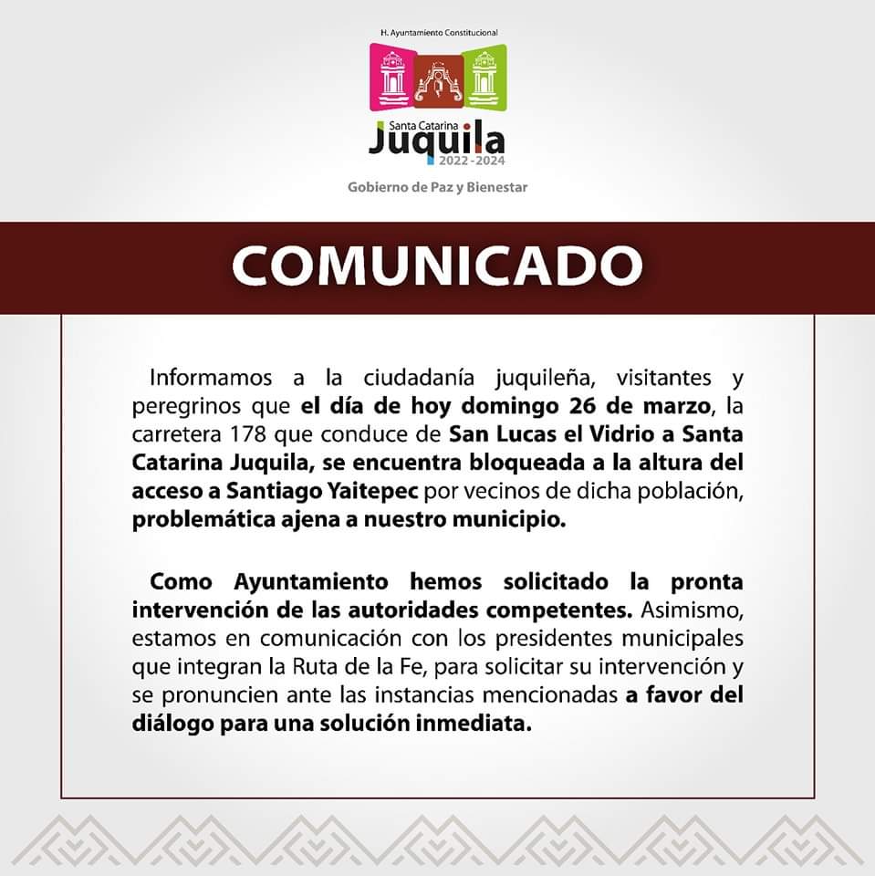 CuartaPlana's tweet photo. #Enterate #ULTIMAHORA | Bloquean carretera 178 que comunica de #ElVidrio a #Juquila, a la altura de Santiago #Yaitepec. Es como resultado del conflicto electoral en ese municipio. @SEGO_Oax, que encabeza @jesusromerooax, nuevamente llama al diálogo. @SSPC_GobOax @geovanyvasquez https://t.co/uD9jueEBQk