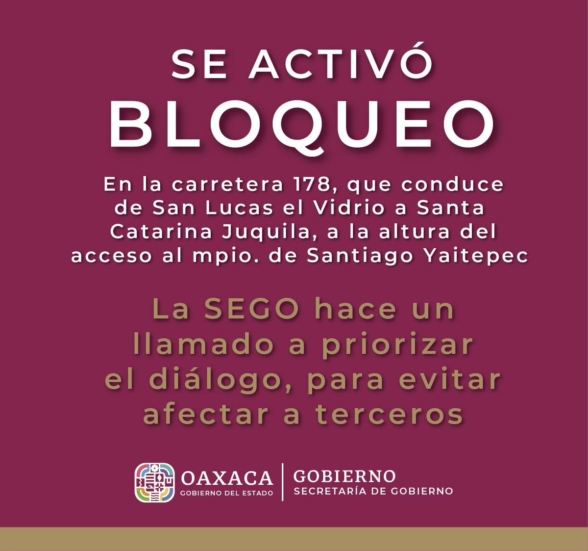 CuartaPlana's tweet photo. #Enterate #ULTIMAHORA | Bloquean carretera 178 que comunica de #ElVidrio a #Juquila, a la altura de Santiago #Yaitepec. Es como resultado del conflicto electoral en ese municipio. @SEGO_Oax, que encabeza @jesusromerooax, nuevamente llama al diálogo. @SSPC_GobOax @geovanyvasquez https://t.co/uD9jueEBQk