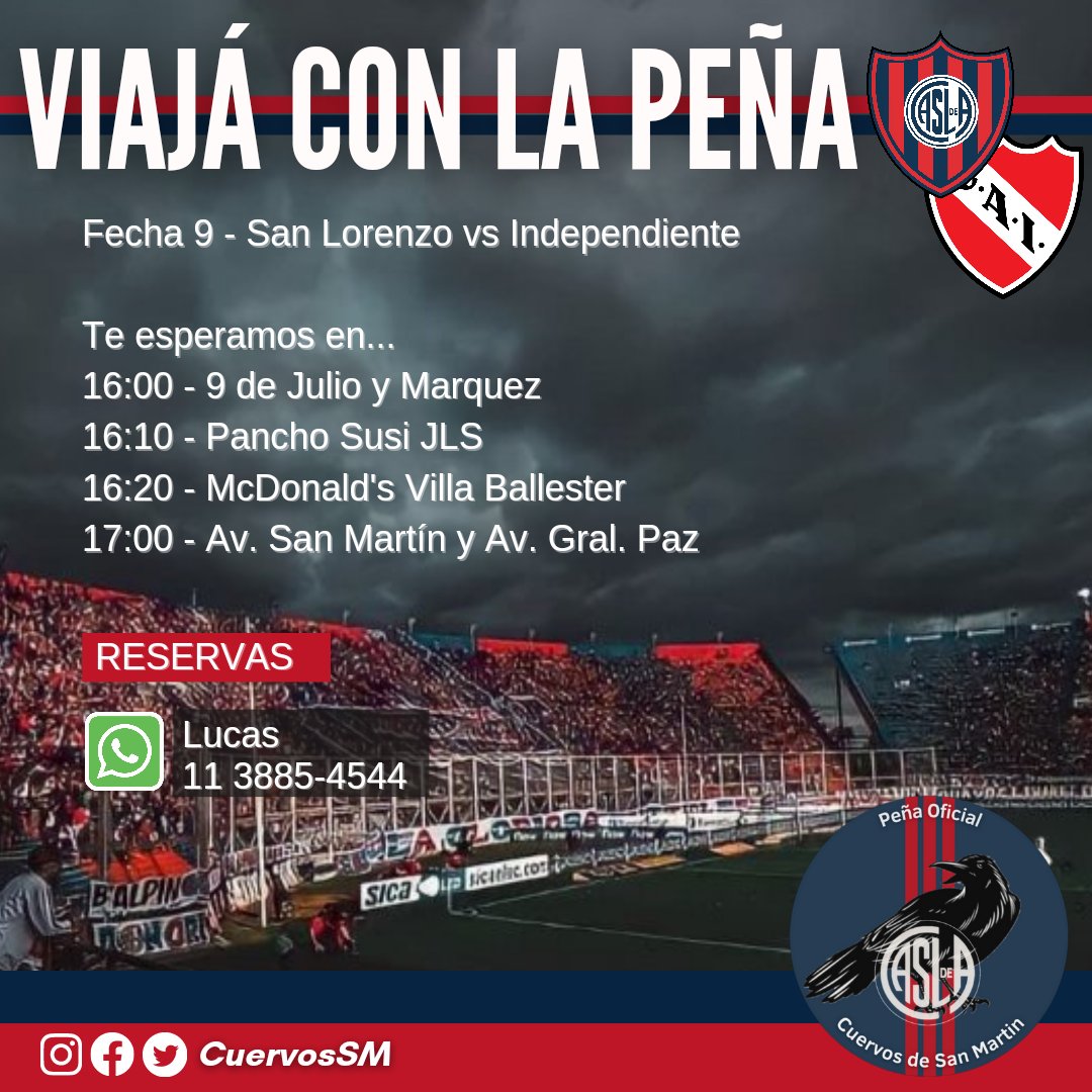 VIAJA CON LA PEÑA

Reserva tu lugar antes del miércoles y sumate al listado exclusivo de la peña para el canje
Valores:
Reserva: $700 (hasta jueves 30/2 por MP)
General: $900
Consulta por grupo familiar!
No te quedes abajo! Comunicate al:
📱11 3885-4544 Lucas
<a href="/PeniasCASLA/">Dpto. de Peñas CASLA</a>