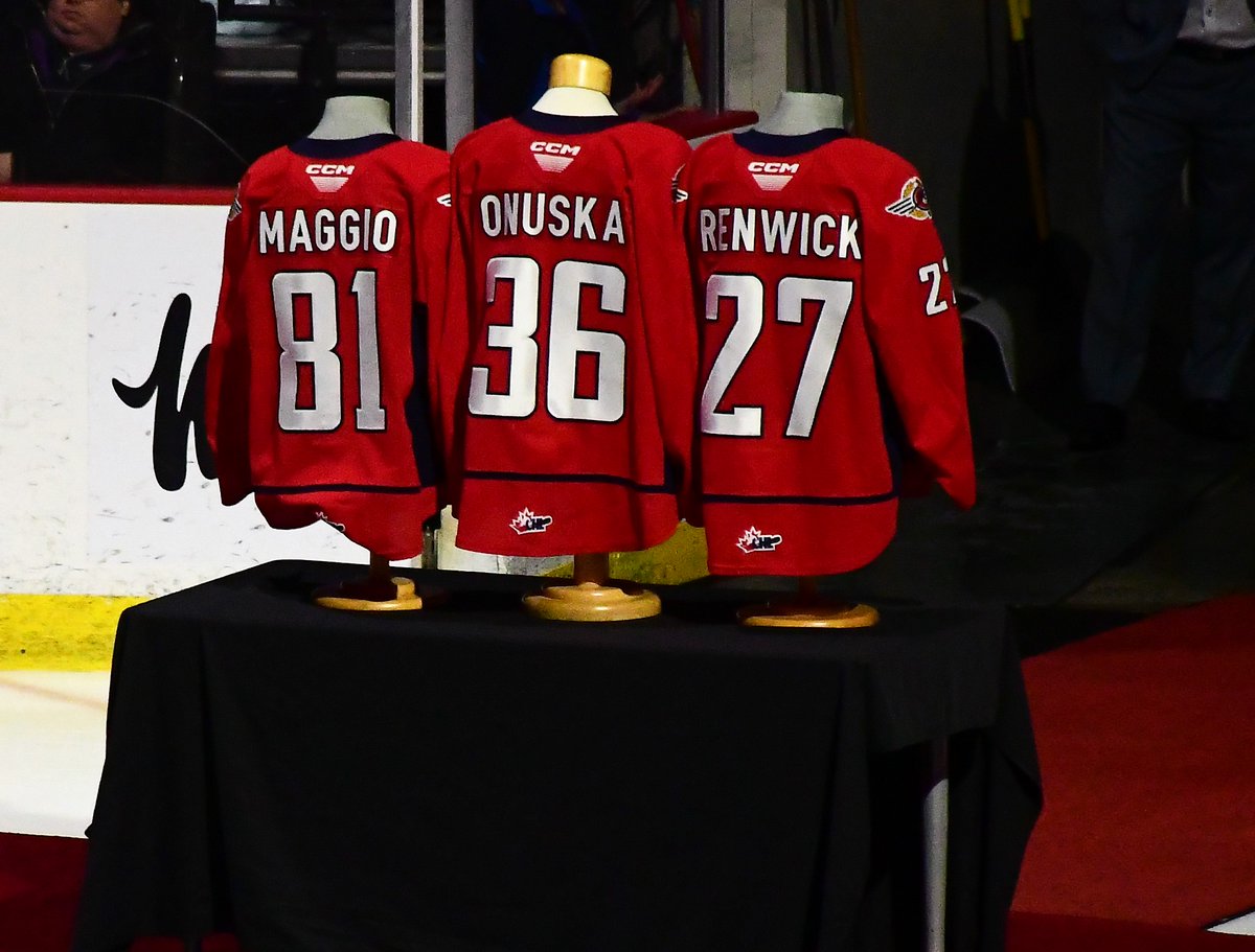 DaveJewellOHL's tweet photo. The Windsor #Spitfires honoured their three overagers on Sat night - G Mathias Onuska, F Matthew Maggio, and D Michael Renwick - prior to their game against the London #Knights. #OHL #overagers https://t.co/COs039Hx33