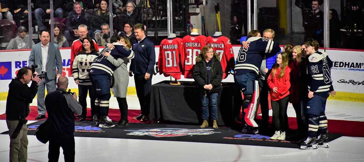 DaveJewellOHL's tweet photo. The Windsor #Spitfires honoured their three overagers on Sat night - G Mathias Onuska, F Matthew Maggio, and D Michael Renwick - prior to their game against the London #Knights. #OHL #overagers https://t.co/COs039Hx33