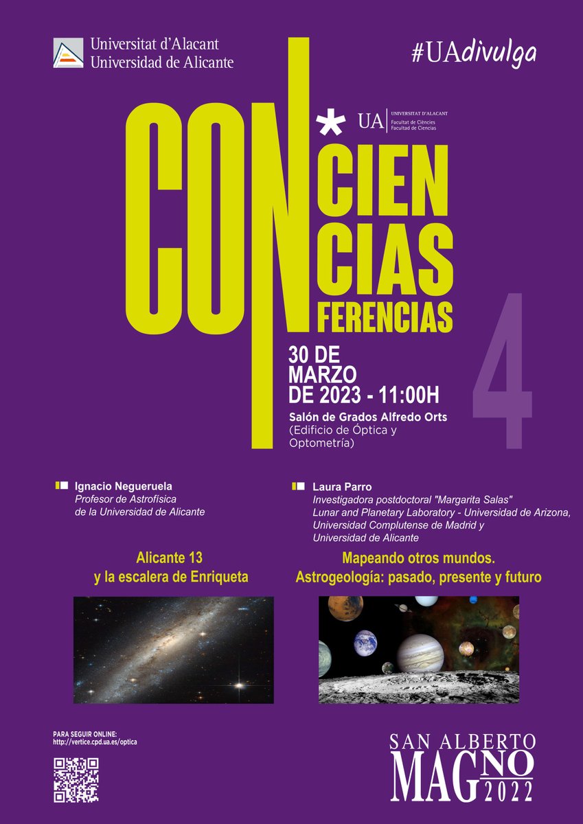 Ciencias_UA's tweet photo. 📢Este jueves 30 de marzo, a las 11h en el Salón de Grados Alfredo Orts, tendrá lugar la cuarta sesión de #CONCIENCIAS. En esta ocasión intervendrán Ignacio Negueruela(Profesor de Astrofísica de @UA_Universidad) y Laura Parro(@LauraMParro, Investigadora postdoc "Margarita Salas") https://t.co/RYd1MXcjby