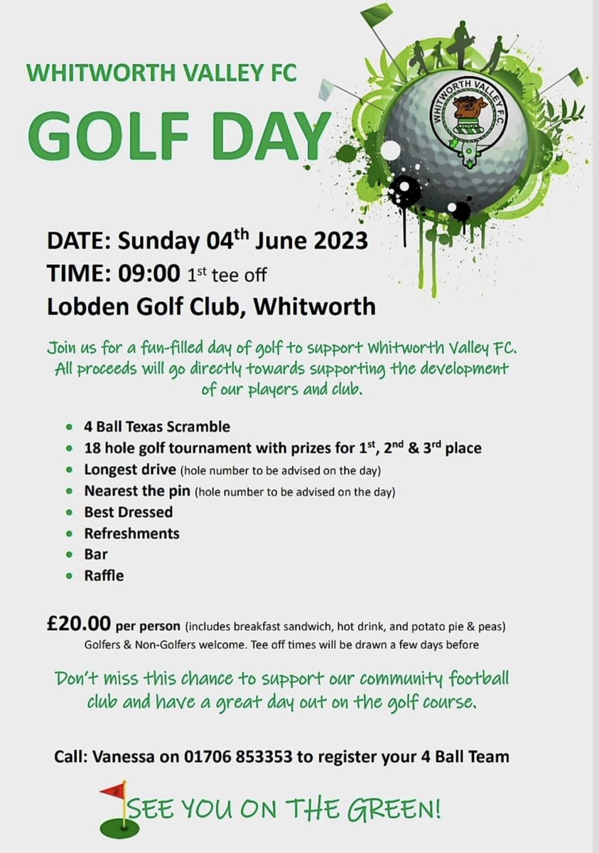 WhitworthValley's tweet photo. As promised on our Facebook and Twitter socials last week… 

‘The Valley Golf Fundraiser 2023’ 🏌️‍♀️🏌🏼‍♂️ 

📅 Sunday 4th June 2023 
⏰ 9am 1st Tee-off 
📍 Lobden Golf Club, Whitworth 
🎟️ £20pp (Includes breakfast sandwich, pie &amp; peas)

BOTH GOLFERS &amp; NON-GOLFERS WELCOME ⛳️ https://t.co/HQTvCQiWDD