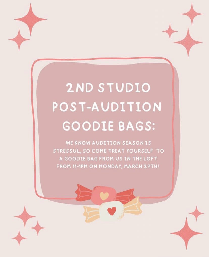 SUU2ndStudio's tweet photo. Congratulations on making it through audition season! Come visit us in the Loft (second floor of South Hall) tomorrow from 11 AM-1 PM for some post auditions treats! https://t.co/yWRuO3hNeY