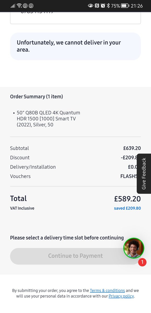 AndyLewes's tweet photo. @SamsungUK  been trying to order a new TV via your website but keep getting "We don't deliver to your are".  Can someone help or get this sorted. https://t.co/DpknuF1dgI