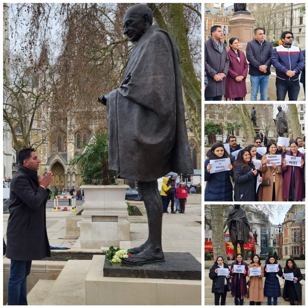TeamIOCUK's tweet photo. Indian Overseas Congress UK team gathered at Gandhi statue to show solidarity with Sri @RahulGandhi ! https://t.co/j1hNxGy6Td