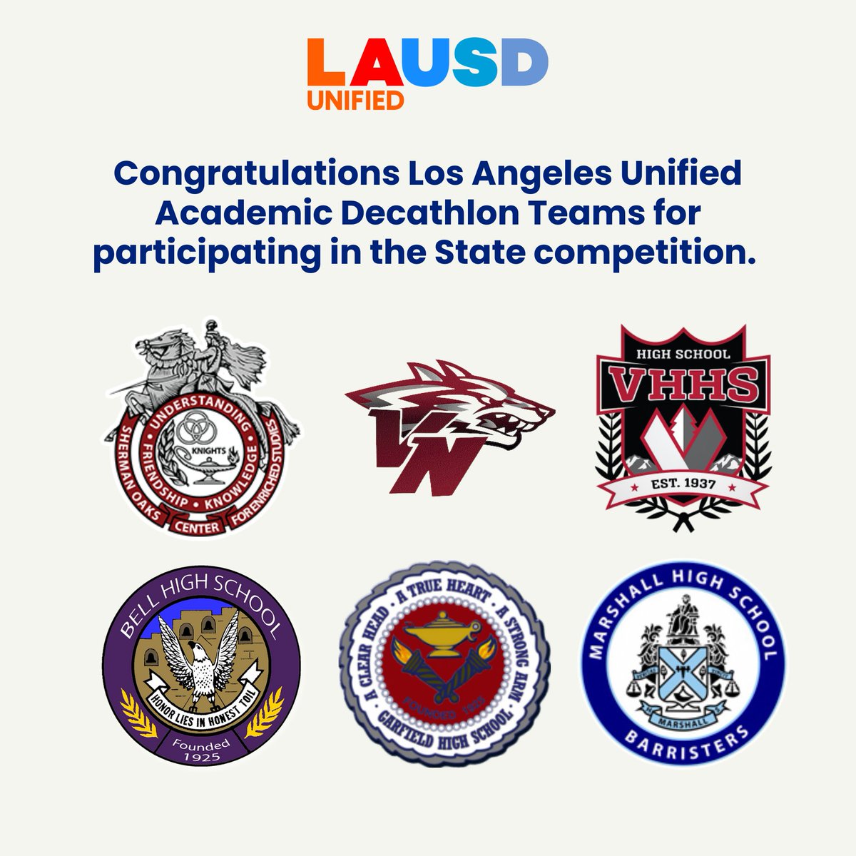 Los Angeles Unified on X: Congratulations to the decathletes from  @Socesknights, Van Nuys High School, @eastlagarfield, @VerdugoHillsHS,  @bellhighschool and John Marshall High School for their outstanding  performance in the 2023 California Academic