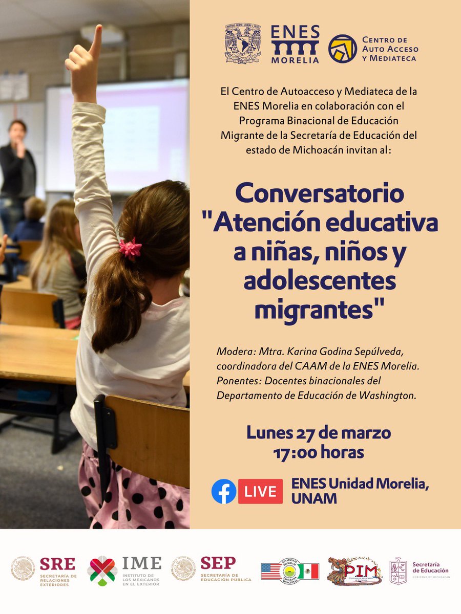 Participa en el conversatorio “Atención educativa a niñas, niños y adolescentes en movilidad”, este lunes 27 de marzo a las 17:00 hrs 
Experiencias de docentes en contextos interculturales 
facebook.com/EnesMoreliaUna…
#EducaciónParaTodasyTodos