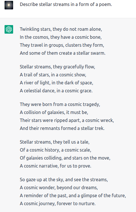 I decided to ask #ChatGPT to write a poem about stellar streams.