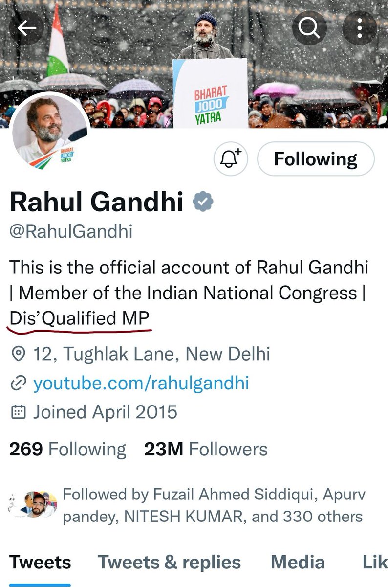 BilaspurTimes's tweet photo. @RahulGandhi ने अपने ट्विटर पर डिसक्वालिफाइड एमपी(सांसद) लिख दिया है।

एक मामले में सूरत कोर्ट ने राहुल गांधी को 2 साल की सजा सुनाई है, जिसके बाद संसद ने उनकी सदस्यता रद्द कर दी है।

#Politics #Congress #BJP https://t.co/BNoRqtfTcA