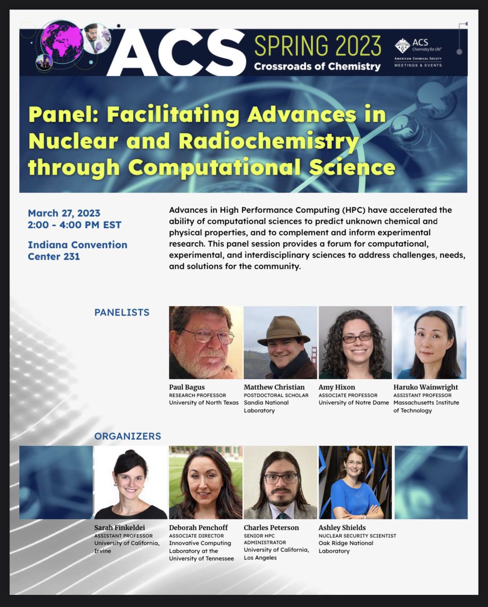 Sarah Finkeldei (@finkeldeisarah) on Twitter photo Come join us tomorrow for our panel on Facilitating Advances in Nuclear and Radiochemistry through Computational Science <a href="/AmerChemSociety/">American Chemical Society</a> Spring 23, 3/27 Indiana Convention Center 231, 2pm
#nuclear #ACS2023 <a href="/DeborahPenchoff/">Deborah Penchoff</a> <a href="/ACSNUCL/">ACS NUCL</a> Come join us tomorrow for our panel on Facilitating Advances in Nuclear and Radiochemistry through Computational Science <a href="/AmerChemSociety/">American Chemical Society</a> Spring 23, 3/27 Indiana Convention Center 231, 2pm
#nuclear #ACS2023 <a href="/DeborahPenchoff/">Deborah Penchoff</a> <a href="/ACSNUCL/">ACS NUCL</a>