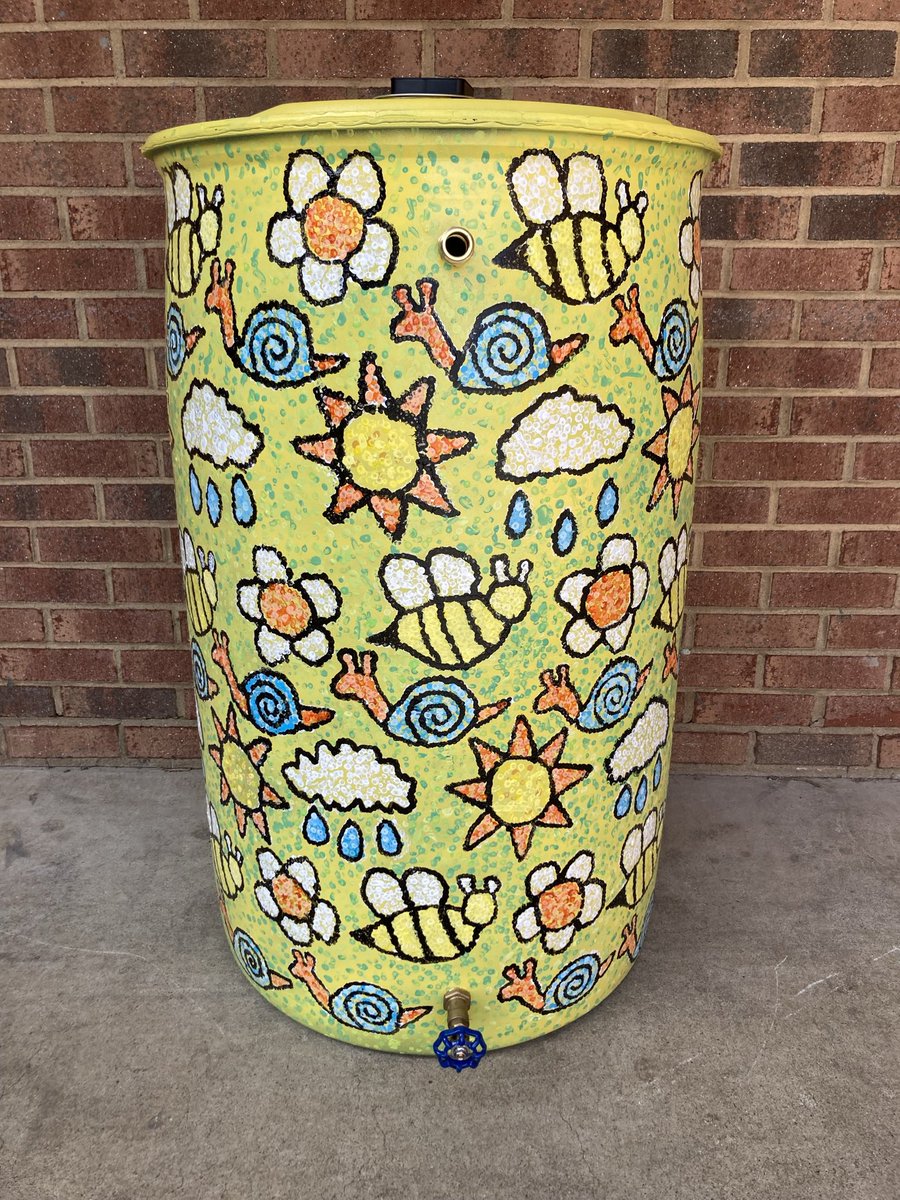 Elementary Art Students along with  Staff contributed thousands of dots of paint for this rain barrel in Jessamine County. #RainBarrel #Art #ONEKENTUCKY #Project #TeamKentucky #News #Water #Kentucky #School #Painting #ArtEducation #Teaching #Snails #Flowers #Bees