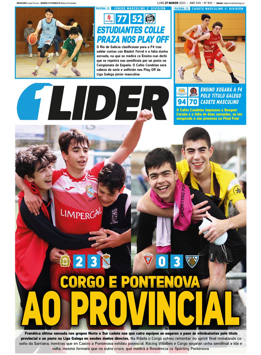 MAÑÁ LÍDER 943

⚽️ CORGO e PONTENOVA ao PROVINCIAL
Trala última xornada cadete con <a href="/racingvillalbes/">Racing Club Villalbés</a> e <a href="/SDCResidencia/">SDC Residencia</a> 

🏀 <a href="/EnsinoLugoCB/">Ensino Lugo</a>  xogará a F4 polo título galego cadete masculino

🏀 <a href="/EstudiantesLugo/">Club Estudiantes Lugo Río de Galicia</a> colle praza nos Play Off da Liga Galega júnior
 
MAÑÁ VÉMONOS,😃👇⚽️🏀
