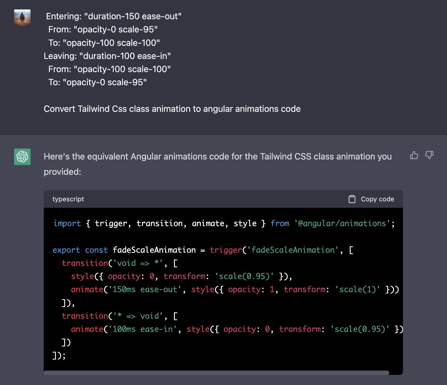 Enea Jahollari 🅰 on Twitter: "I'm currently building a project using @tailwindcss and @angular and I had to convert the tailwind classes used for animations to use angular animations. I asked ChatGPT Enea Jahollari 🅰 on Twitter: "I'm currently building a project using @tailwindcss and @angular and I had to convert the tailwind classes used for animations to use angular animations. I asked ChatGPT