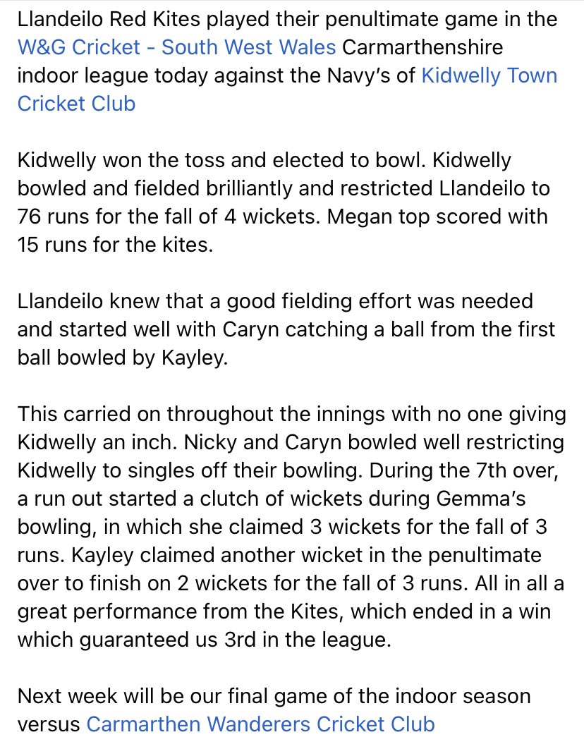 Penultimate game vs <a href="/KidwellyTownCC/">Kidwelly Town CC Tref Cydweli</a> Navy’s 
Massive thanks for an enjoyable game.  This win confirms 3rd place finish in the <a href="/WWomensCricket/">Wales Womens Cricket League</a> Carmarthenshire Indoor League. 
Onwards to our last game vs <a href="/CarmarthenWands/">ᴄᴀʀᴍᴀʀᴛʜᴇɴ ᴡᴀɴᴅᴇʀᴇʀꜱ ᴄᴄ</a> next week