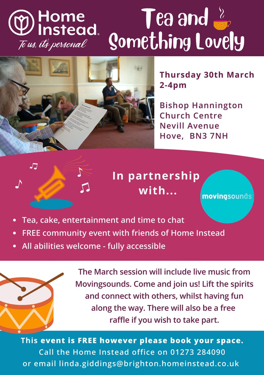 Don't forget to join us on Thursday for our FREE event, Tea and Something Lovely! ☺️☕️ Contact Linda in the office to book your tickets over the phone or visit our Eventbrite page to book online: 

eventbrite.co.uk/e/tea-and-some… 

#BrightonandHove #CommunityEvents  #eventsforolderpeople
