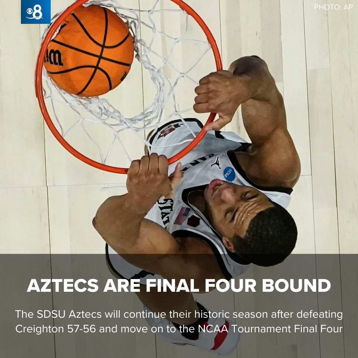 CBS8's tweet image. The madness continues! The SDSU Aztecs will continue their historic season after defeating Creighton 57-56 and move on to the NCAA Tournament Final Four 

#sdsuaztecs #finalfour
