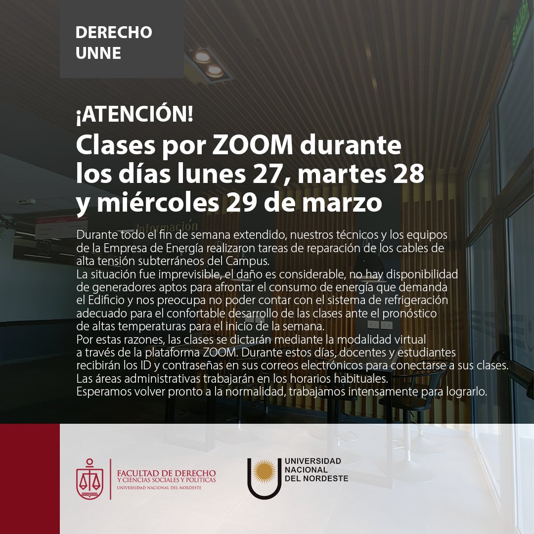 Derecho_Unne's tweet photo. ATENCIÓN ⚠️ Clases por ZOOM durante los días lunes 27, martes 28 y miércoles 29 de marzo 💻

@unneargentina https://t.co/5YioqcLity