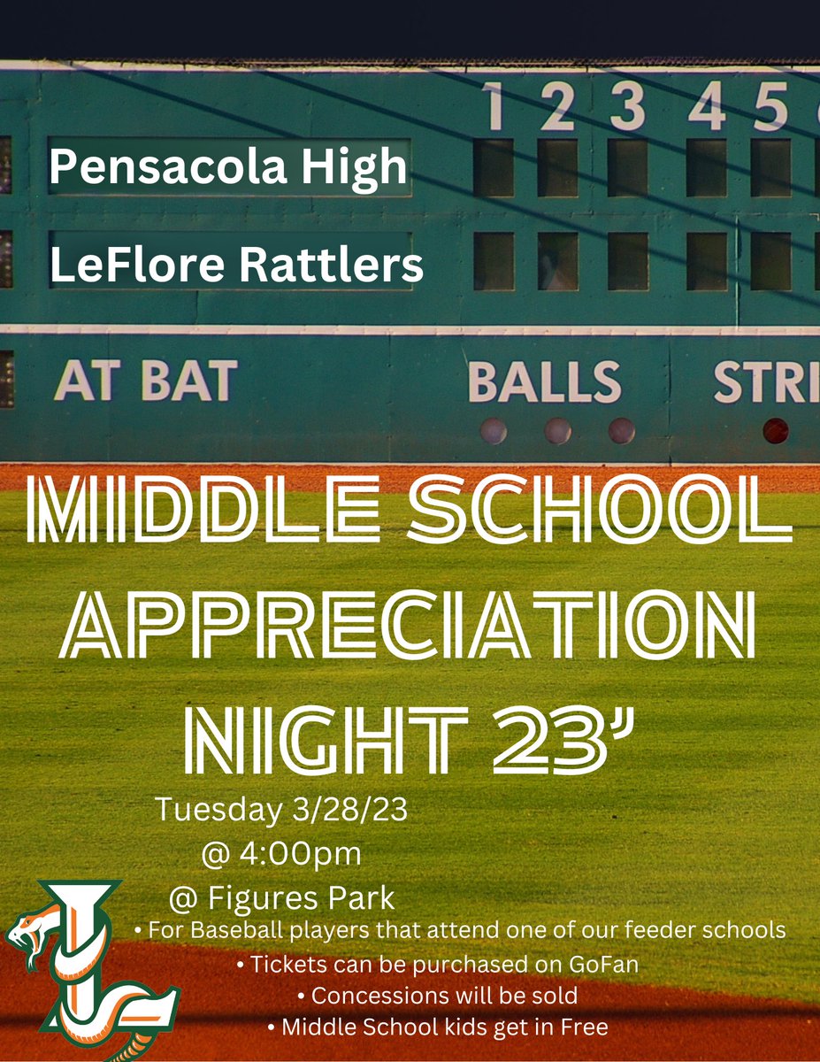 The Rattlers Baseball program would like to invite all of our future stars out for our game on Tuesday! If you have a child or children that’s a baseball player at one of our feeder middle schools, The child gets in FREE!!!! We look forward to seeing our Future Rattlers there!!!!