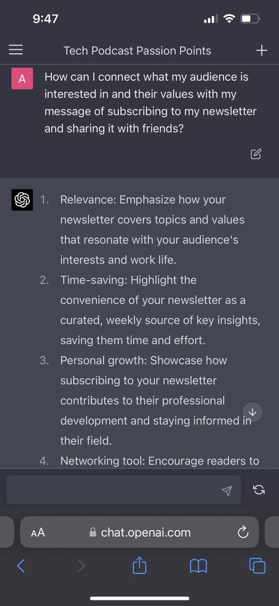 adam_thornhill's tweet photo. What are @ThePodup readers passionate about?

How can I connect my objective with their values?

Here’s what ChatGPT has to say… https://t.co/iPfIrB86kl