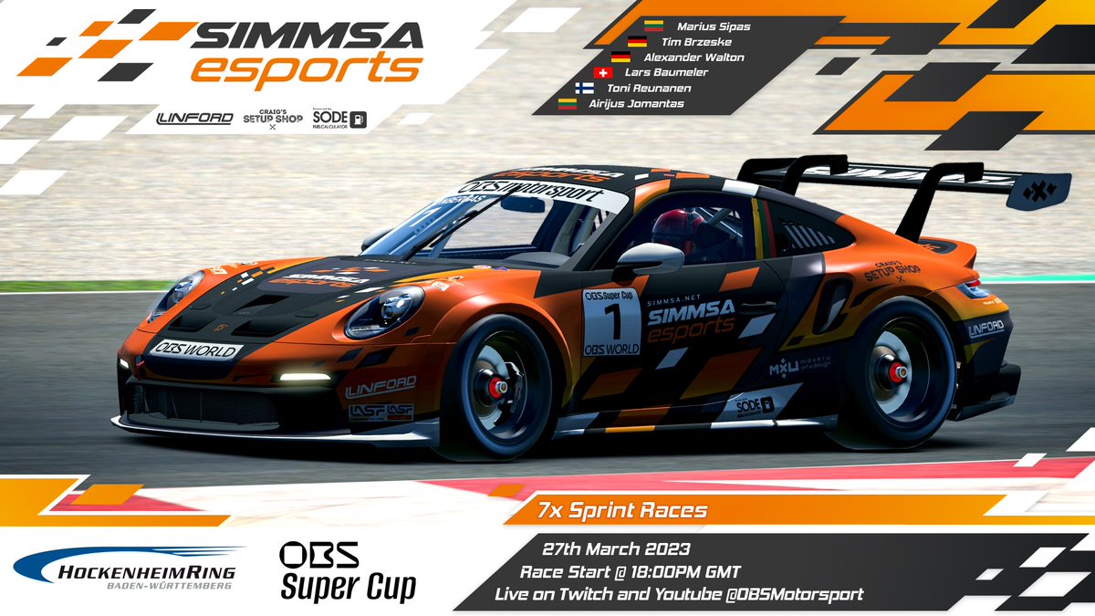 OBS Super Cup Championship is about to kick off! We will be racing in this Championship with 6 of our own entries! 💪🏻
• L.Baumeler 🇨🇭 
• T.Brezske 🇩🇪 
• A.Jomantas 🇱🇹 
• T.Reunanen 🇫🇮 
• M.Sipas 🇱🇹 
• A.Walton 🇩🇪 

Good luck 🍀 to our team! 🤞🏻