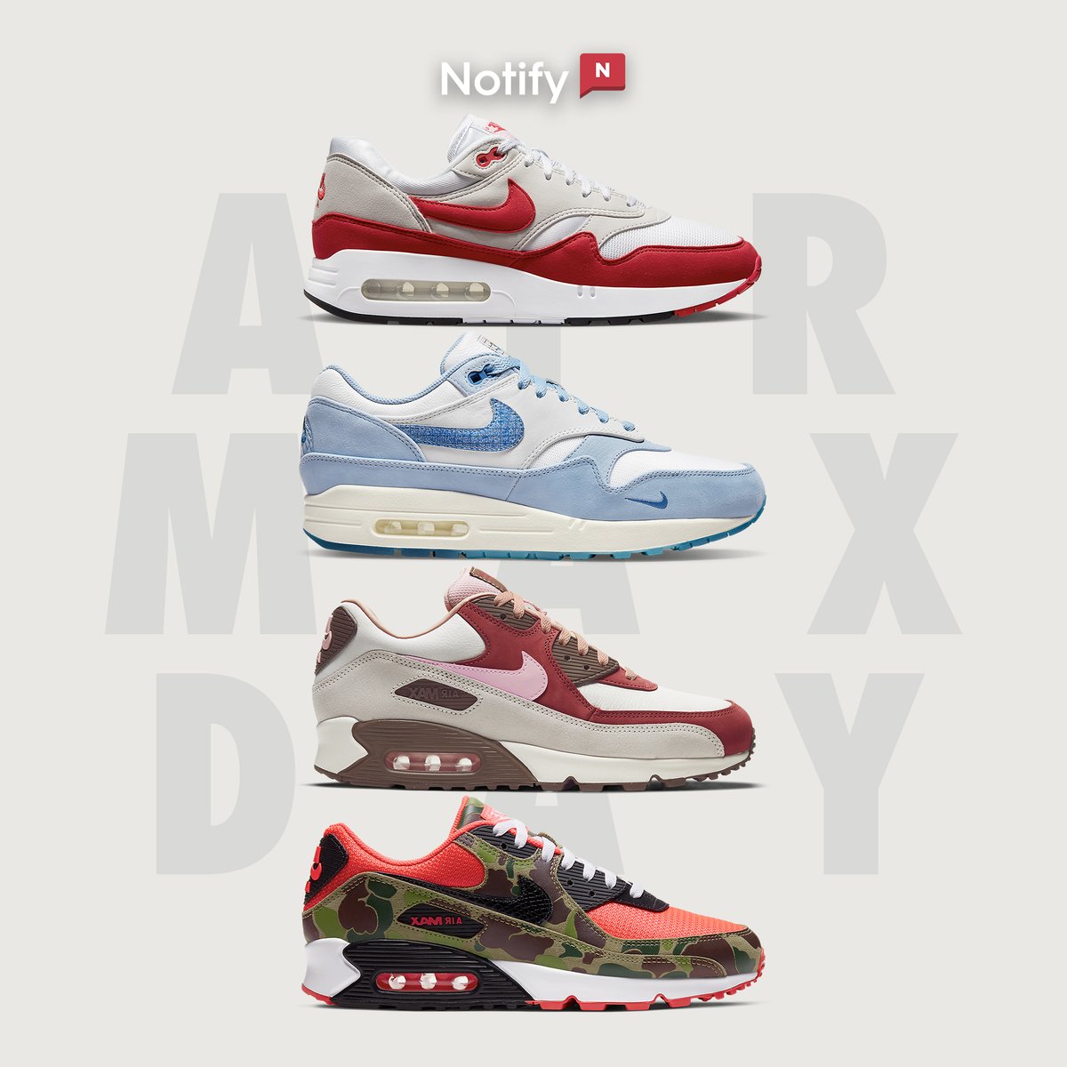 🚨🎉 #AirMaxDay Giveaway Alert! 🎉🚨 In celebration of the iconic Air Max Day, we're giving one lucky winner a pair of Air Max sneakers from the past 4️⃣ Air Max Day releases! 🏃👟🔥 To enter: 1️⃣ Follow @notify 2️⃣ Like + Retweet + Comment Your Favorite Pair of Air Maxes